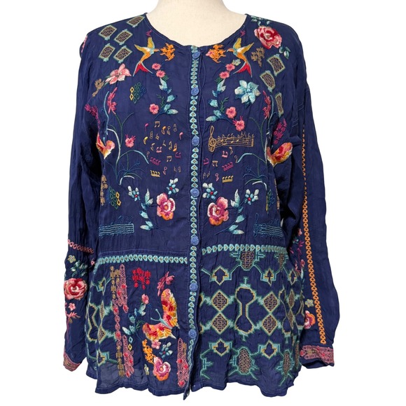 Johnny Was Tops - Johnny Was Catina Blouse Button Tunic Shirt Womens XL floral nature embroidered